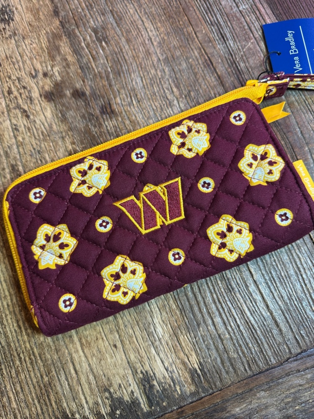 Vera Bradley Maroon and Yellow Quilted Wristlet with Embroidered Logo NFL